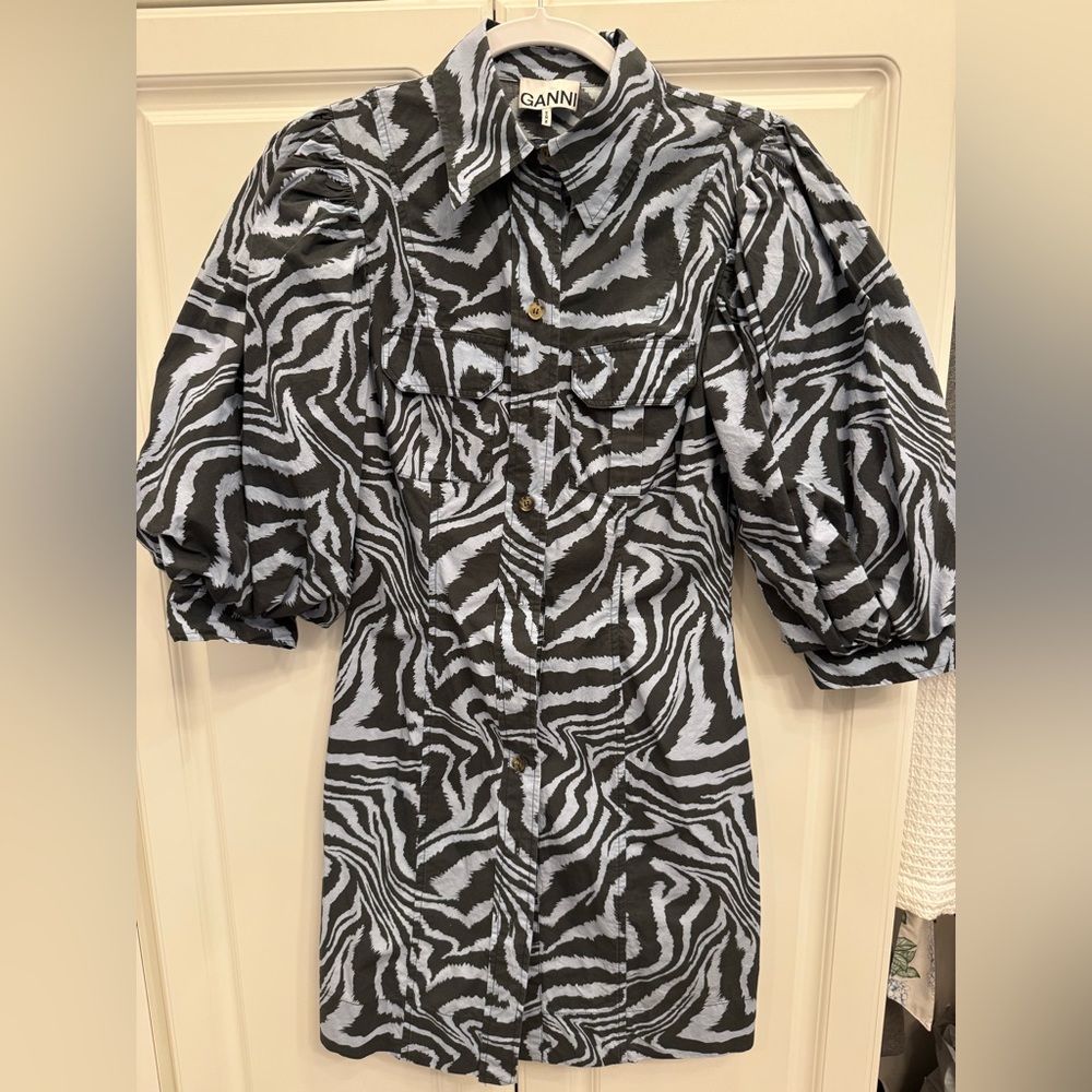 Ganni Zebra Print Puff Sleeve Dress